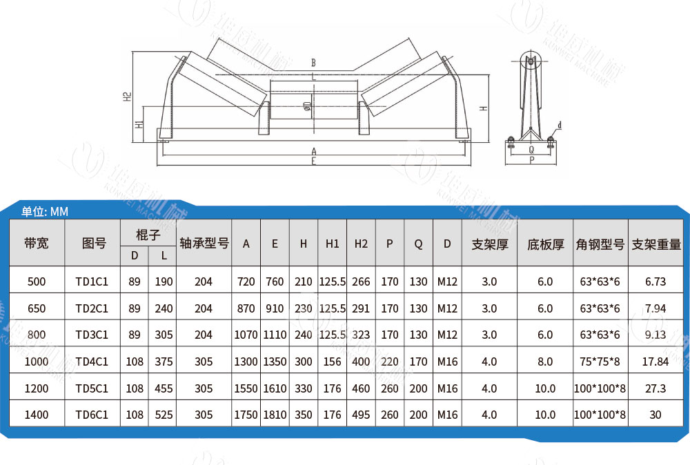 槽型托辊技术参数 槽型托辊技术参数